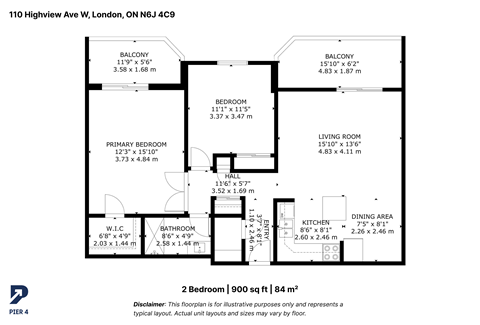 Floor plan for 2 beds, 1 bath